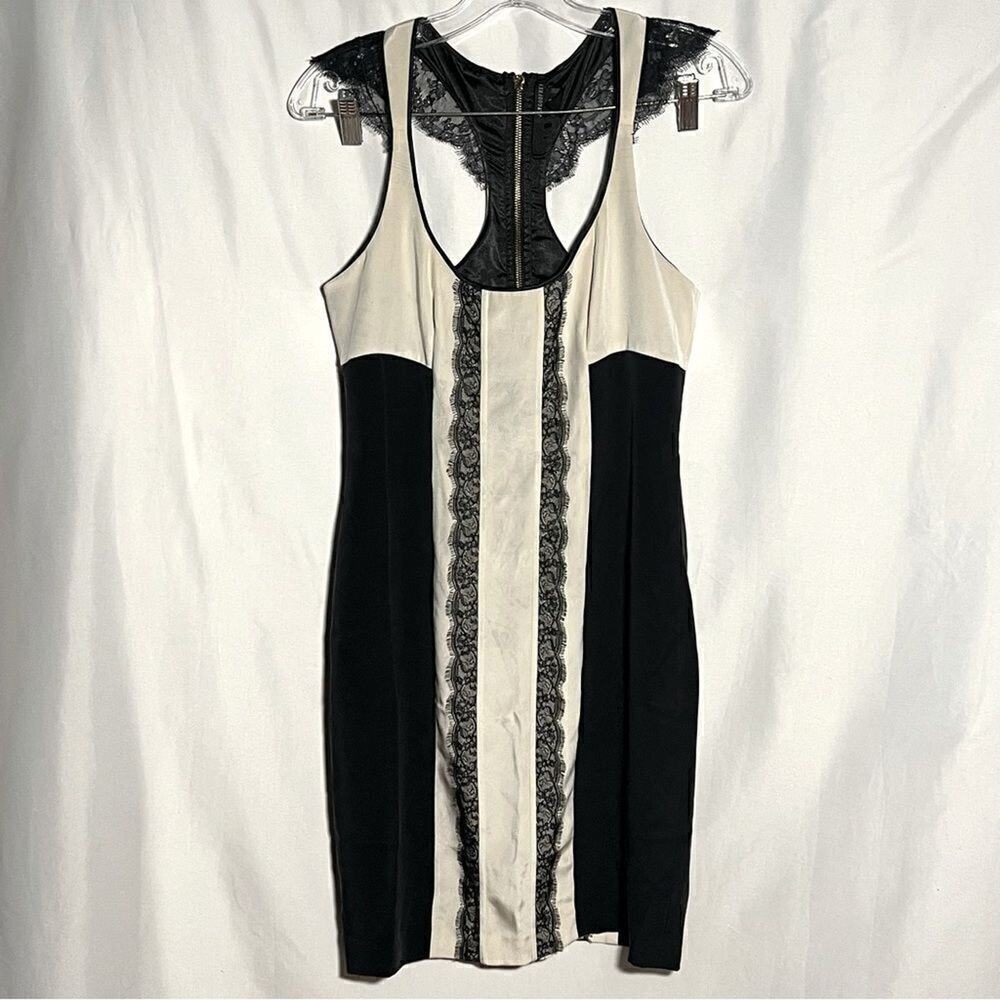 Jay Godfrey Holden Silk Lace Bodycon Dress Black White Racerback Zip 6